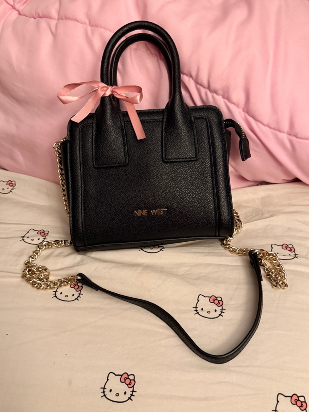 Mini Nine West Black Pebbled Crossbody Satchel with Gold Chain
